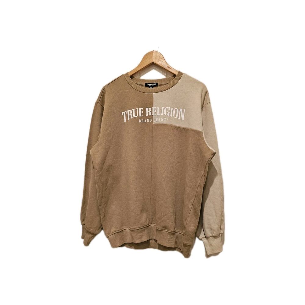 True Religion Color Block Oversized Pullover Sweatshirt Mens S Tan/Beige